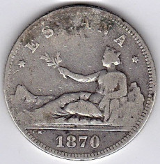 1.Spania 2 PESETAS 1870 argint 10 gr. 0.835, COTATIE RIDICATA foto