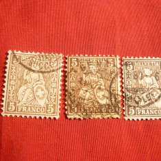 Set 3 Timbre 5 C 1862 ,Elvetia , stamp.-var. de culoare