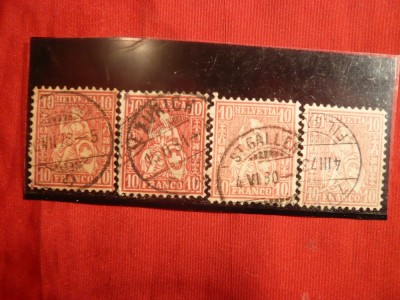 Set 4 Timbre 10 C 1867 ,Elvetia , stamp.-var. de culoare foto