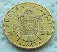 Franta - 20 franci (francs) 1863 BB (Strasbourg) - Napoleon III - 6.45 grame aur foto