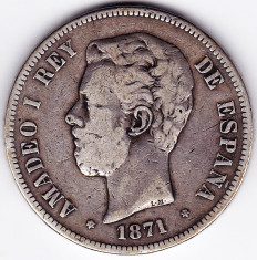 2.Spania 5 PESETAS 1871 argint 24,65 grame,puritate ridicata .900 foto