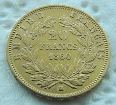 Franta - 20 franci (francs) 1860 BB (Strasbourg) - Napoleon III - 6.45 grame aur foto