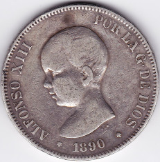 2.Spania 5 PESETAS 1890 argint 24,46 grame,puritate ridicata .900 foto
