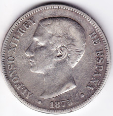 2.Spania 5 PESETAS 1875 argint 24,51 grame,puritate ridicata .900 foto