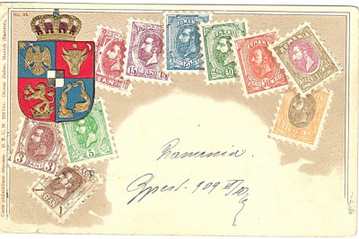 RARITATE,filatelie,Romania,timbrele si stema ,PRIMA EXPOZITIE FILATELICA Budapesta 1909 foto