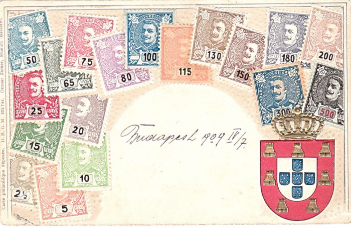 RARITATE,filatelie,Portugalia,timbrele si stema,PRIMA EXPOZITIE FILATELICA Budapesta 1909