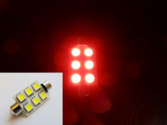 Bec led sofit, C5W, festoon cu 6 SMD-uri 5050 41 mm pt plafoniera, numar inmatriculare, leduri auto, led auto, bec tuning, Culoare: ROSU foto