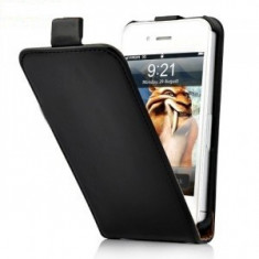Husa Eleganta TOC FLIP PIELE ALB / NEGRU iPhone 4 / 4S + Folie Protectie Display fata + spate GRATIS foto