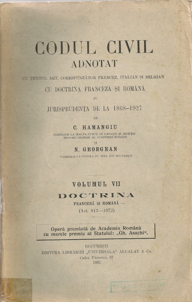 surplus work hope C. Hamangiu / N. Georgean - Codul civil adnotat ( volumul VII ) 1931 |  Okazii.ro
