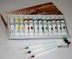 Kit vopsele acrilice set 12 buc + Set 3 pensule nail art, culori acrilice, pensule pentru modele, pensule unghii foto