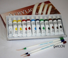 Kit culori acrilice 12 buc + Set 3 pensule pentru decor + 10 tipsuri pt modele, vopsele acrilice, pensule nail art, tipsuri foto