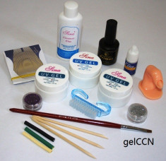 kit geluri uv 15ml transparent / roz / alb mat + primer + degresant + pensula + lipici 3g + 10 sabloane + sclipici + deget, kit manichiura cu ge foto