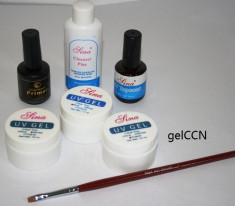kit unghii false cu gel, kit 3 geluri uv 15ml transparent / roz/ alb mat + degresant + primer + top coat + pensula foto