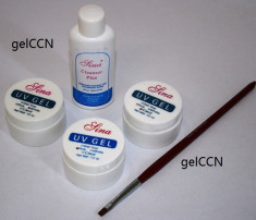 kit unghii false cu gel, kit 3 geluri uv 15ml transparent / roz/ alb mat + degresant + pensula foto