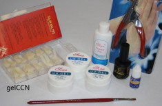 kit geluri uv 15ml transparent / roz / alb mat + primer + degresant + pensula + tipsuri +ghilotina + lipici, gel unghii false, kit manichiura cu gel foto