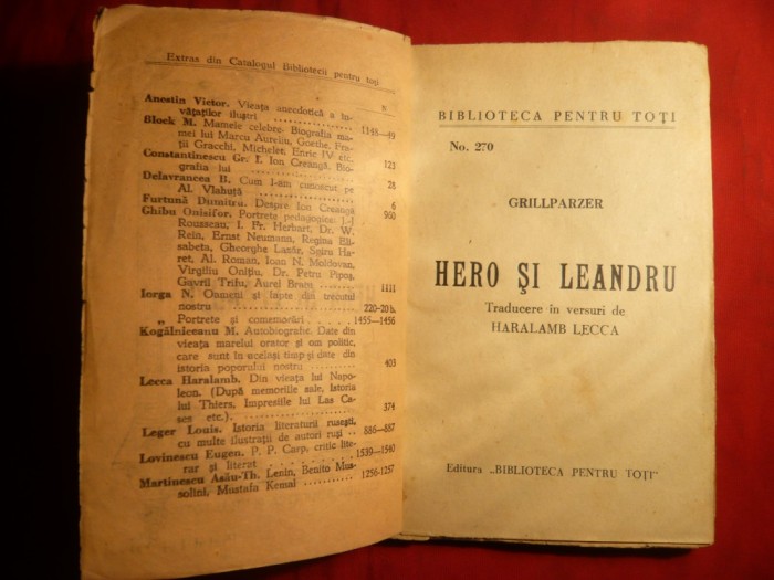 Grillparzer - Hero si Leandru - BPT nr. 270 - cca.1945 Traducere Haralamb Lecca Ed. BPT ,136 pag