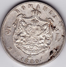 Romania,5 LEI 1880,argint, KULLRICH pe cerc VF+ foto
