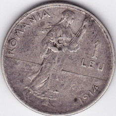 3.Romania,1 LEU 1914,argint,muchia rotunjita,monetaria Hamburg foto