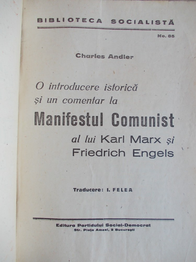 CHARLES ANDLER - O INTRODUCERE ISTORICA LA MANIFESTUL COMUNIST AL LUI MARX,1946*,  Karl Marx | Okazii.ro