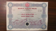 PVM - Banca DACIA FELIX / 100 actiuni nominative cu valoare nominala de 5.000 lei insumind 500.000 lei / RAR! foto