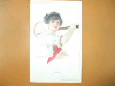 Carte postala IIustrator Fata cu cravata si racheta tenis F. Earl Christy Love all 1913 foto