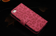 Husa protectie piele iPhone 5, 5s, SE, flip cover portofel, model leopard, roz foto