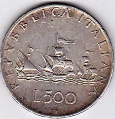 Italia 500 Lire 1958 argint 11 grame,puritate 835/1000,corabii cu panza,CAP DE SERIE foto