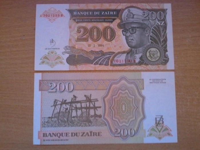 Zair 200 nouveaux zaires 1994 UNC, 10 roni