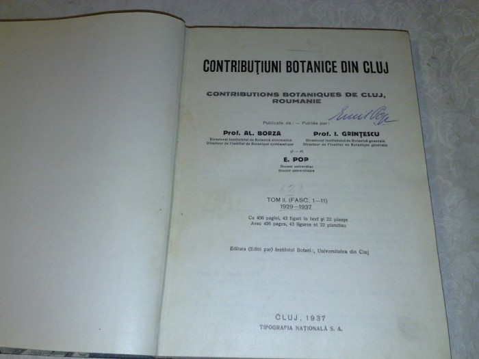 A.Borza/Grintescu/Pop - Contributiuni botanice din Cluj - 1931/1937 - tom 1 si 2