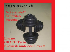 SET GANTERE CAUCIUCATE 15 KG ( 2 x 7,5 KG / BRAT ) -DISCURI REGLABILE- LIVRARE GRATUITA IN BUCURESTI UNDE DORITI DVS !!! foto