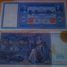 Germania 100 marci 1910, circulata, 30 roni, bancnota imperiala, putin arsa in coltul din dreapta sus.jpg