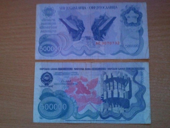 Iugoslavia 500.000 dinari 1989, circulata, 20 roni, singurul exemplar de pe okazii