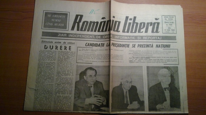 ziarul romania libera 17 mai 1990-candidatii la presedentie se prezinta natiunii