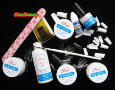 Kit geluri uv kit manichiura pt incepatori kit unghii false 4 gel uv pensula aplicare gel topcoat 20 sabloane constructie unghii 100 tipsuri lipici foto