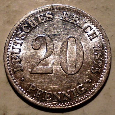 E.386 GERMANIA 20 PFENNIG 1875 G XF/AUNC ARGINT foto