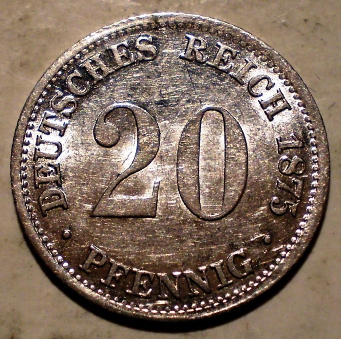E.386 GERMANIA 20 PFENNIG 1875 G XF/AUNC ARGINT