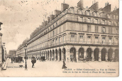 CPI (B2477) FRANTA, PARIS, HOTEL CONTINENTAL, COTE DE LA RUE RIVOLI ET PLACE DE LA CONCORDE, CIRCULATA, 1907, STAMPILA foto