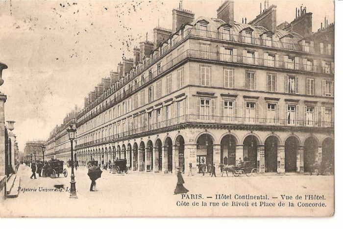 CPI (B2477) FRANTA, PARIS, HOTEL CONTINENTAL, COTE DE LA RUE RIVOLI ET PLACE DE LA CONCORDE, CIRCULATA, 1907, STAMPILA