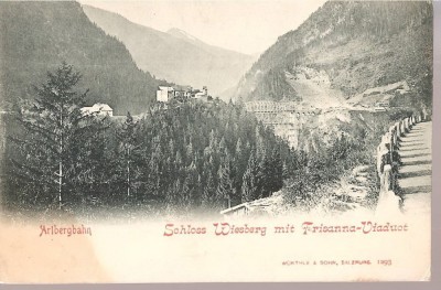 CPI (B2513) AUSTRIA, ARLBERGBAHN, SCHLOSS WIESBERG mit FRISANNA - VIADUCT, EDITURA WURTHLE a SOHN, SALZBURG, CIRCULATA 20.IUL. 1910, STAMPILAE, TIMBRU foto