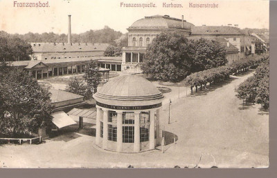 CPI (B2525) CEHIA, FRANZENSBAD, FRANZENSQUELLE. KURHAUS. KAYSERSTRABE, EDITURA HERMAN POY, DRESDEN, CIRCULATA 12 IUL 1907, STAMPILE foto