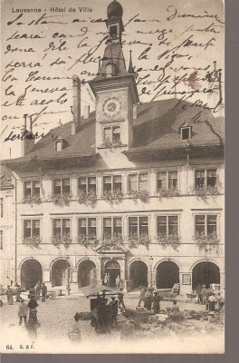 CPI (B2551) ELVETIA. LAUSANNE. HOTEL DE VILLE, FOTO. FRANCO - SUISSE BERNE, CIRCULATA 22.12.1905, STAMPILE, TIMBRE foto