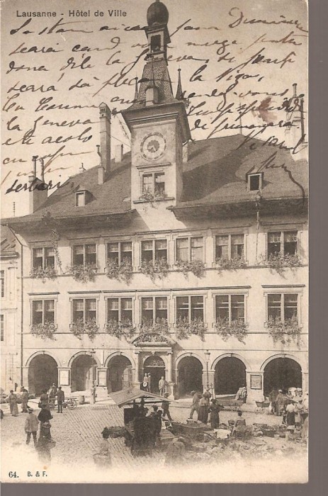 CPI (B2551) ELVETIA. LAUSANNE. HOTEL DE VILLE, FOTO. FRANCO - SUISSE BERNE, CIRCULATA 22.12.1905, STAMPILE, TIMBRE