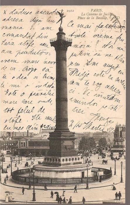 CPI (B2552) FRANTA. PARIS. LA COLONNE DE JUILLET, PLACE DE LA BASTILLE, CIRCULATA MARTIE 1912, STAMPILE, TIMBRU