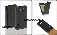 LIVRARE GRATUITA!! HUSA FLIP/ TOC PROTECTIE DIN PIELE ---LG OPTIMUS L7 P700--culoarea NEAGRA /NEGRU CU INCHIDERE MAGNETICA SUPERSUBTIRE+ FOLIE+LAVETA foto