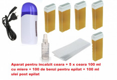 kit pentru epilat cu 5 ceara de unica folosinta, incalzitor, ulei si hartie de epilat, epilator, depilator, kit epilat foto