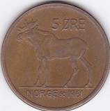 Moneda Norvegia 5 Ore 1961 - KM#405 VF, Europa