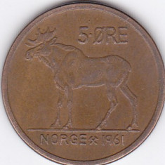 Moneda Norvegia 5 Ore 1961 - KM#405 VF