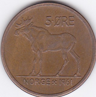Moneda Norvegia 5 Ore 1961 - KM#405 VF foto