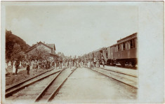Dej,gara,1906,animata,tren militar,ofiteri,multa populatie,FOARTE RARA foto