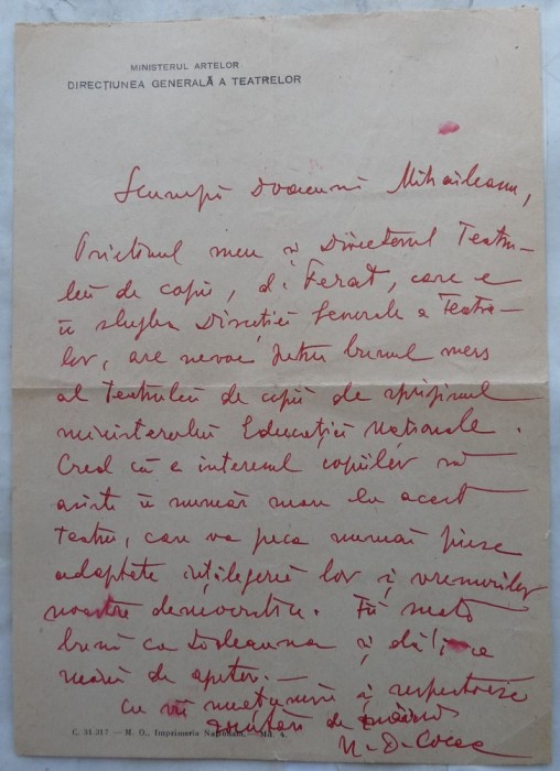 Scrisoare a lui N. D. Cocea cand era la Directiunea Generala a Teatrelor